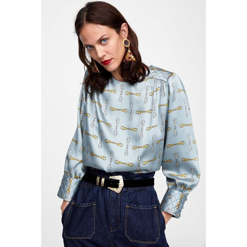 Zara Blue Satin Chain Print Blouse Quilted Shoulder Keyhole Back